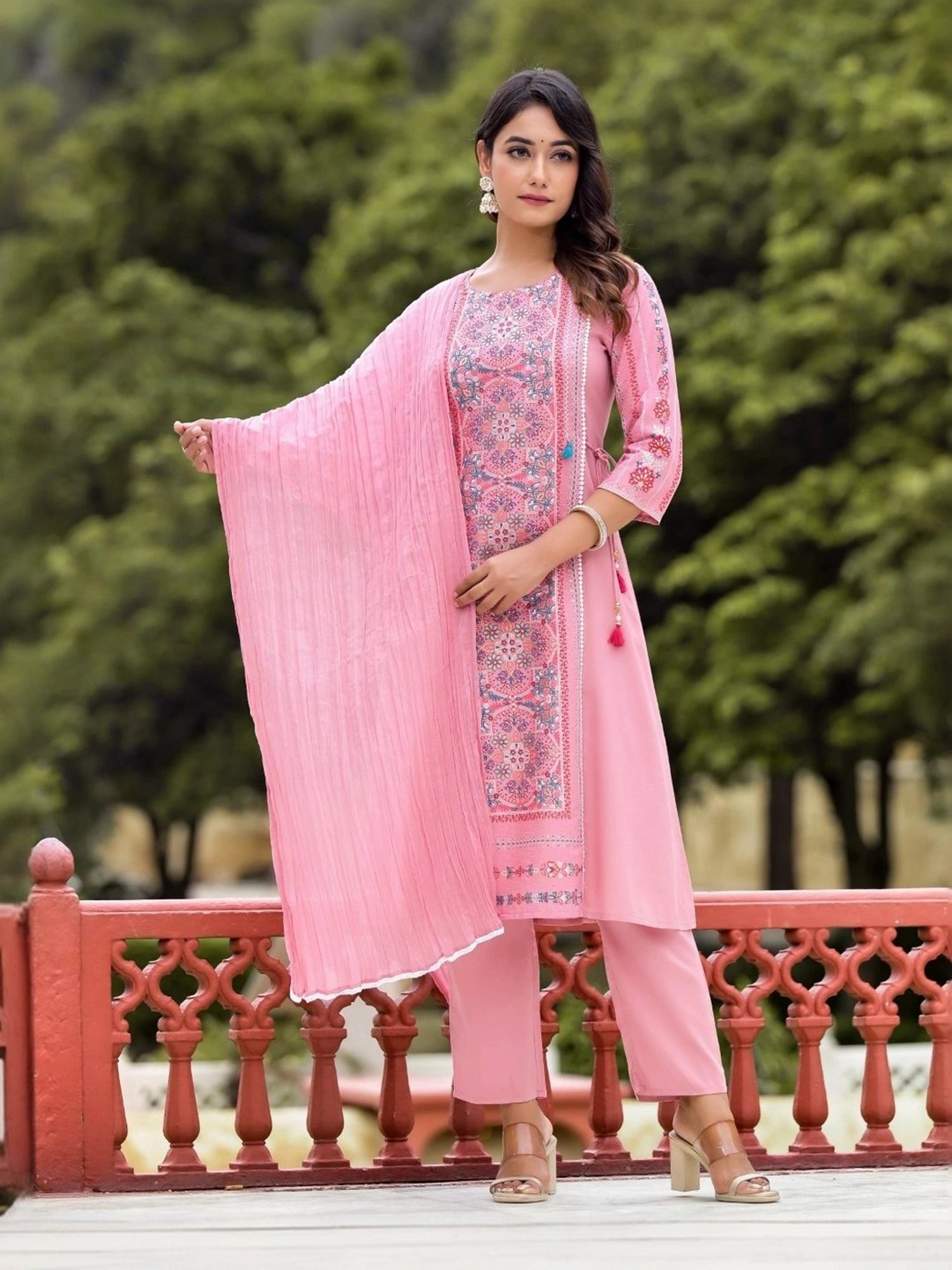 Juniper Pink Embroidered Kurta Pant Set With Dupatta