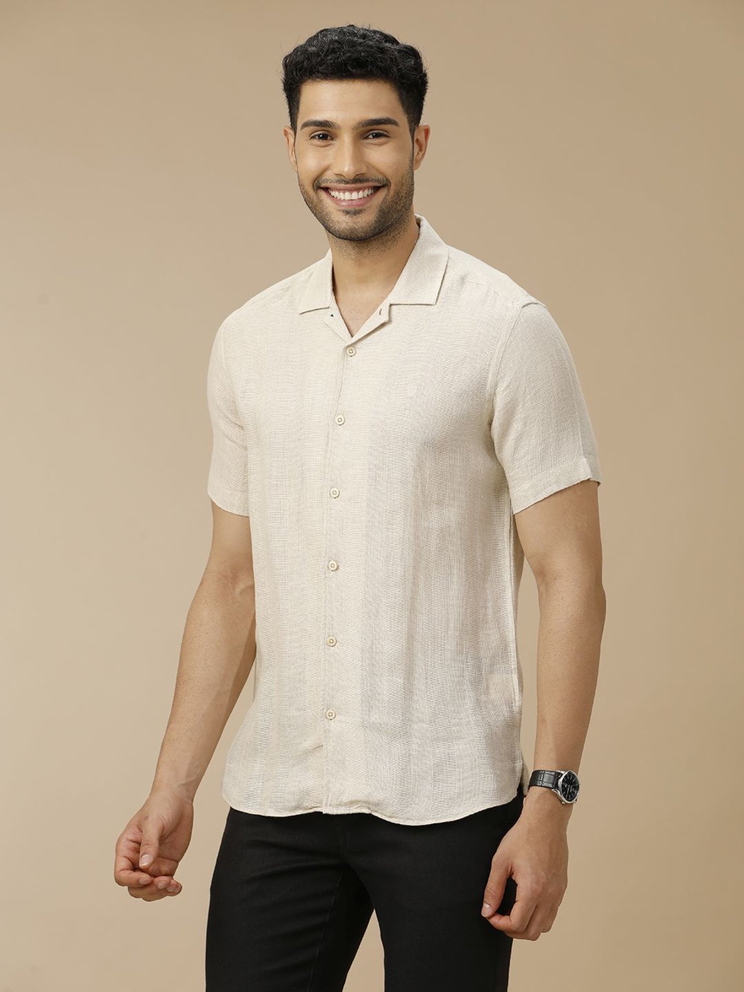 Linen Club Beige Linen Contemporary Fit Texture Shirt