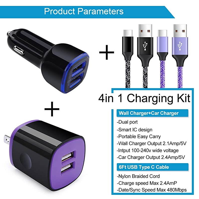 Car Charger Adapter Dual Port Wall Charger Charging Block 6ft Type C Fast Charging Cable Cord Compatible for Samsung Galaxy S20 S10 S9 S8 A10e A20 A50 A51 A70 Note 10+ 9 8 LG Stylo 54 G8x G7