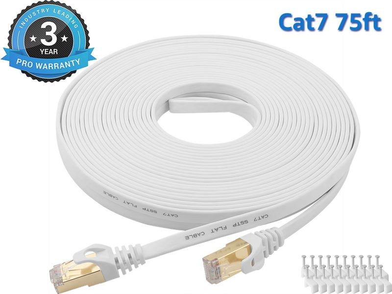 Cat 7 Ethernet Cable 100 ft LAN Cable Internet Network Cord for PS4, Xbox, Router, Modem, Gaming, White Flat Shielded 10 Gigabit RJ45 High Speed Computer Patch Wire.