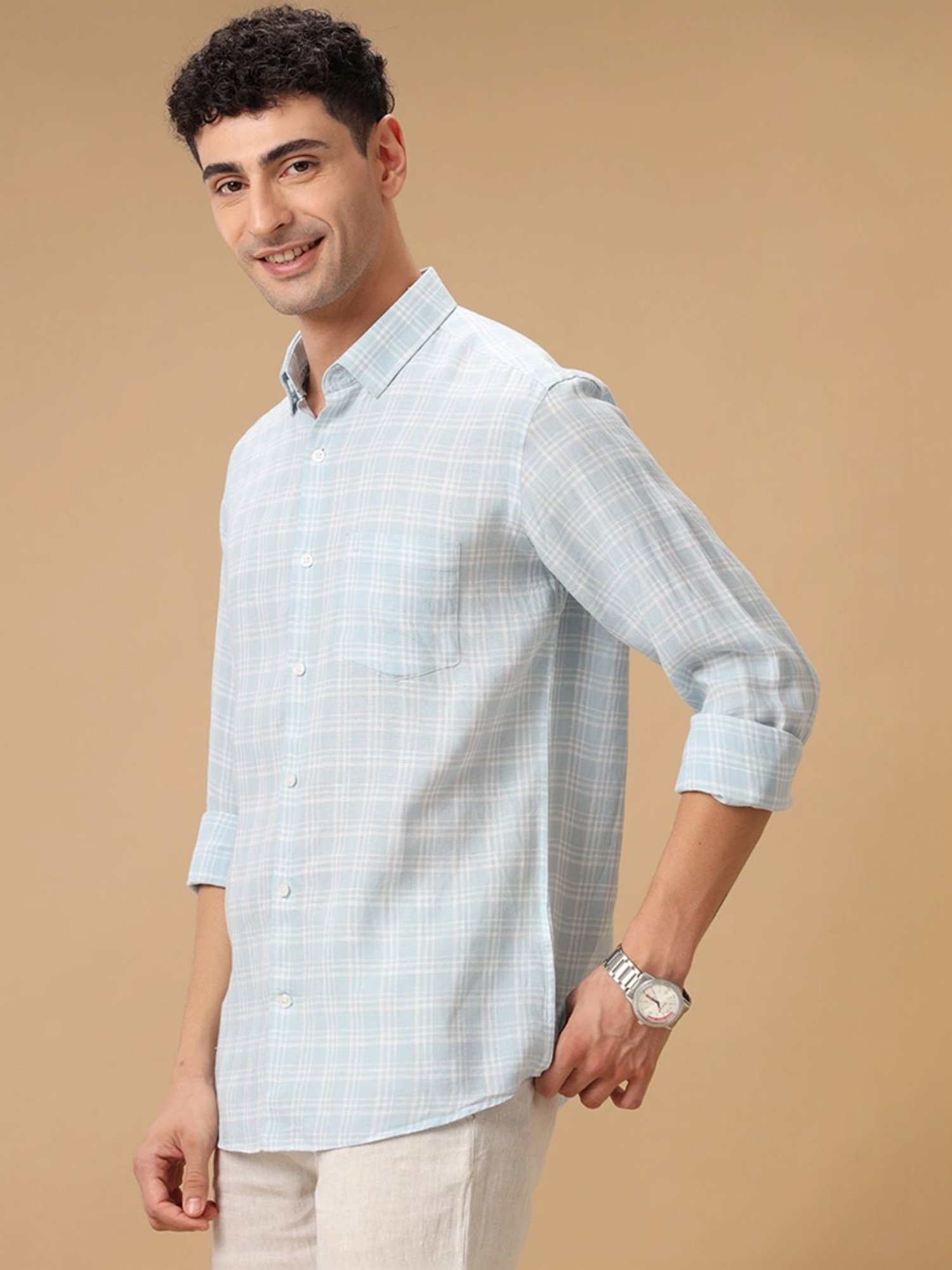 Linen Club Blue Linen Contemporary Fit Checks Shirt