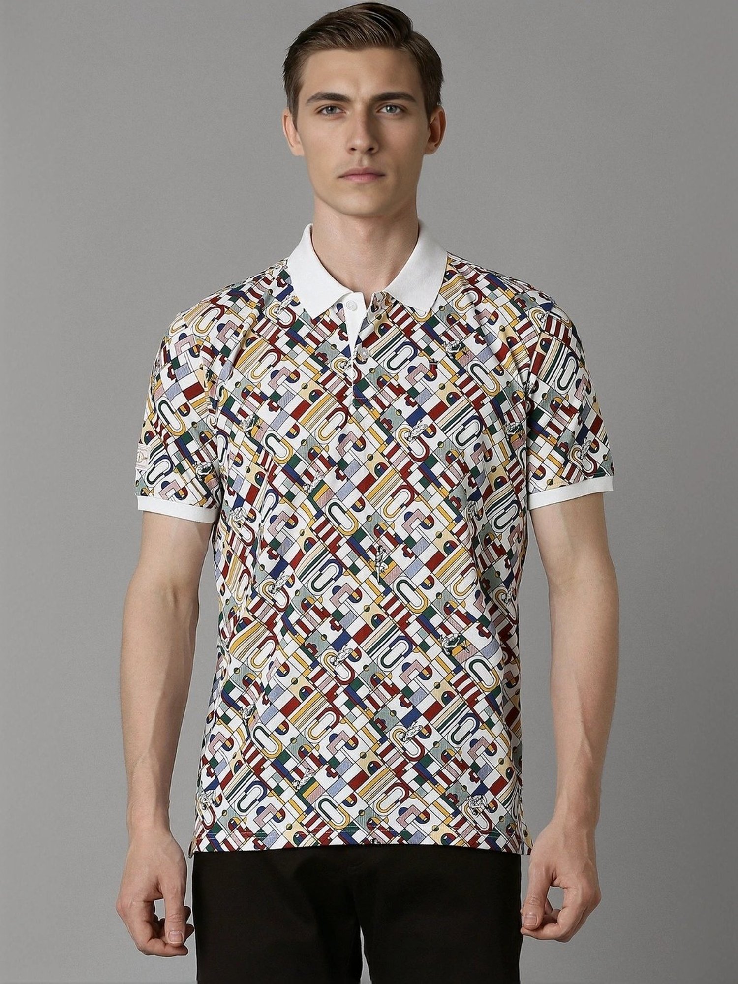 Louis Philippe White Cotton Slim Fit Printed Polo T-Shirt