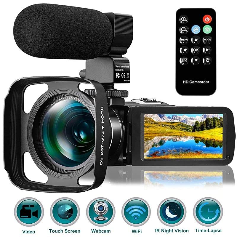 Ultra HD Video Camera Camcorder with Rechargeable Microphone 1080P 26MP WiFi Vlogging Camera YouTube Digital Camera IPS Touch Screen Remote Control IR Night Vision, Wide Lens