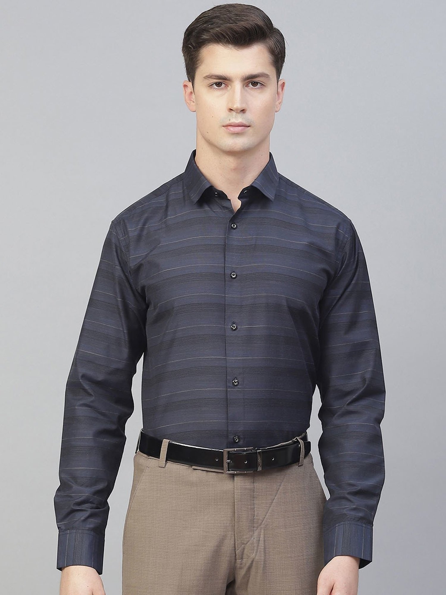 ManQ Navy Regular Fit Striped Shirt