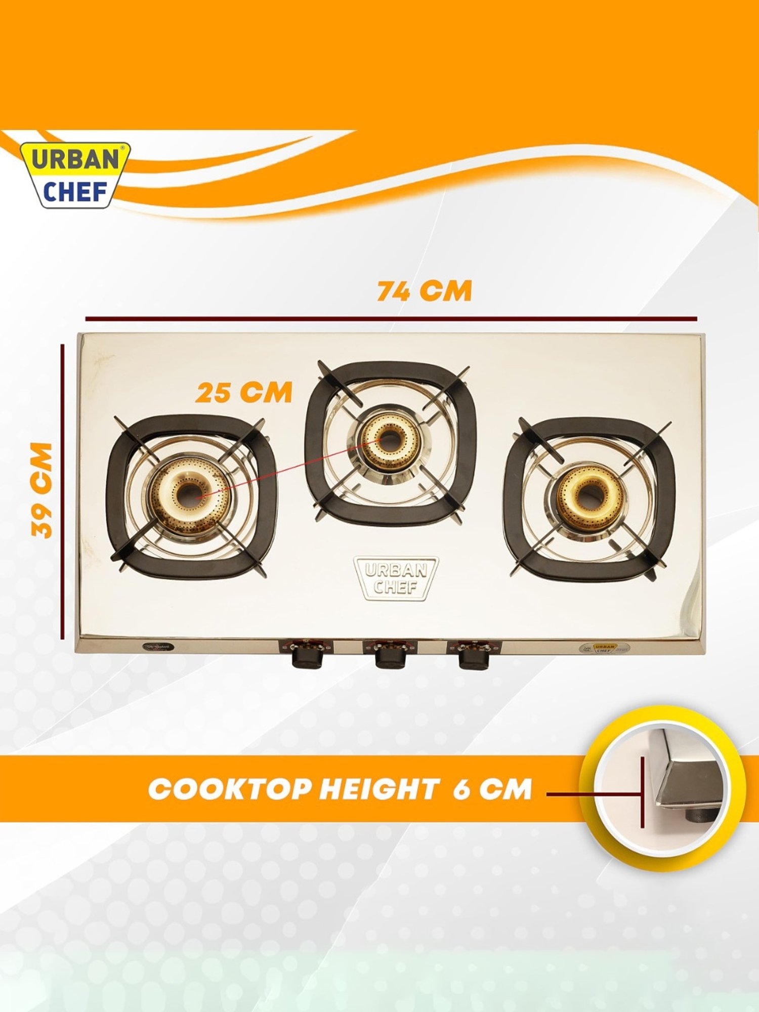 Urban Chef Gas Stove with 3 Burners ( Silver )