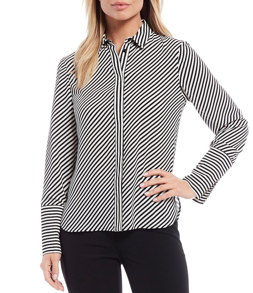 Anne Klein Point Collar Neck Long Cuff Sleeve Diagonal Stripe Button Down Crepe Blouse