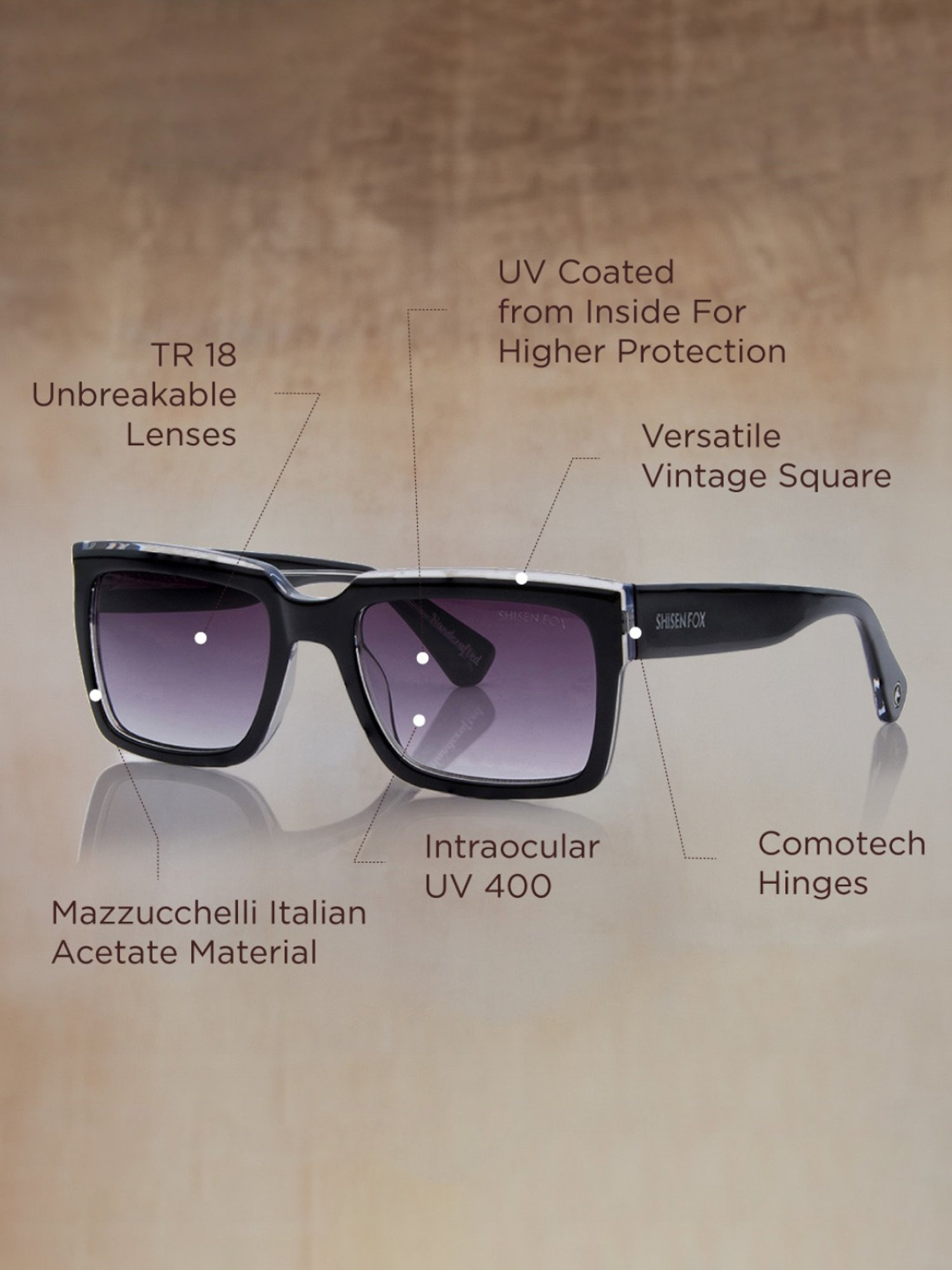 Shisen Fox Kokoro Black Crystal Rectangular Unisex UV Protection Sunglasses -54 mm