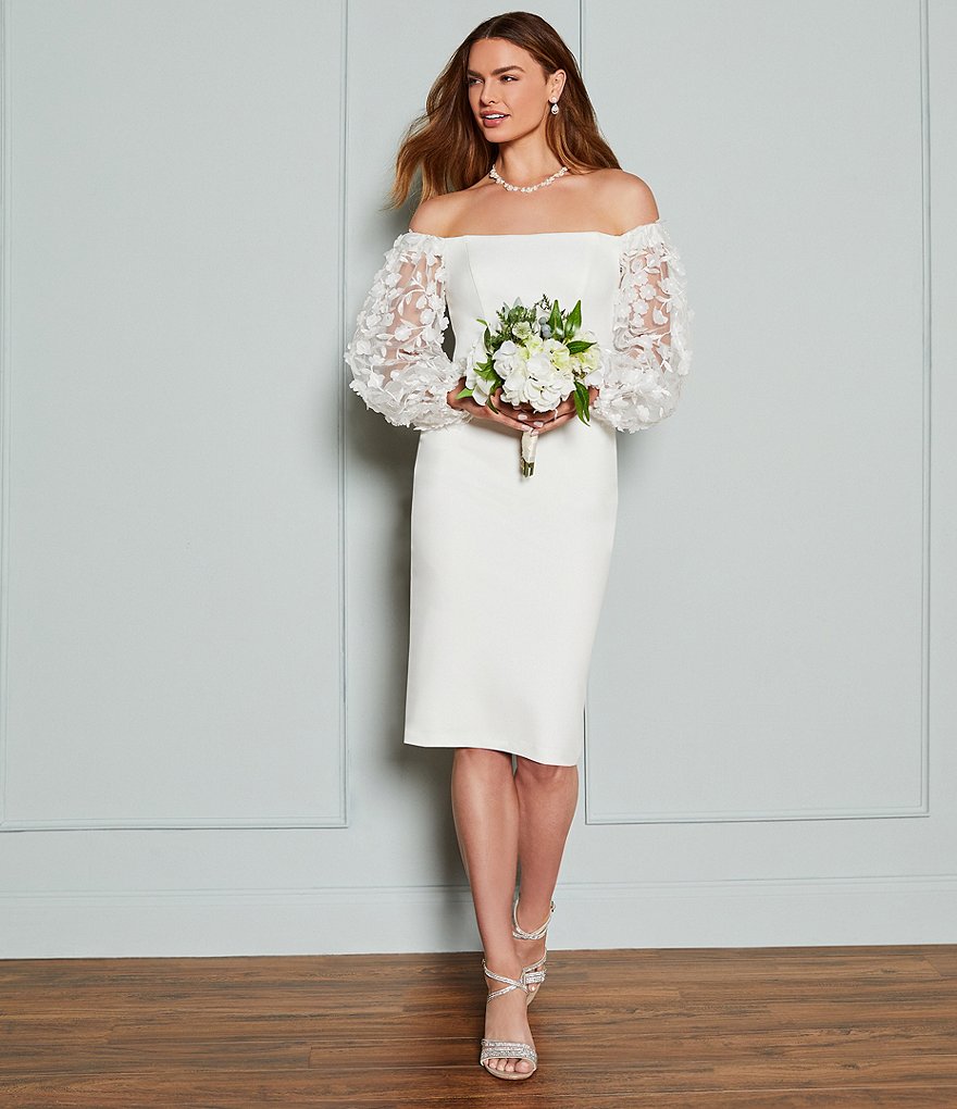Xscape Short Scuba Crepe Raised Flower Sleeve Off-the-Shoulder Sheath Dress