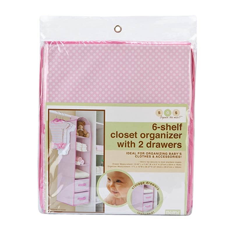 6 Shelf Hanging Wall Storage with 2 Drawers Easy StorageOrganization Solution Holds Sweaters Shirts Pants Accessories More Movable Drawers Allow for Customization Pink