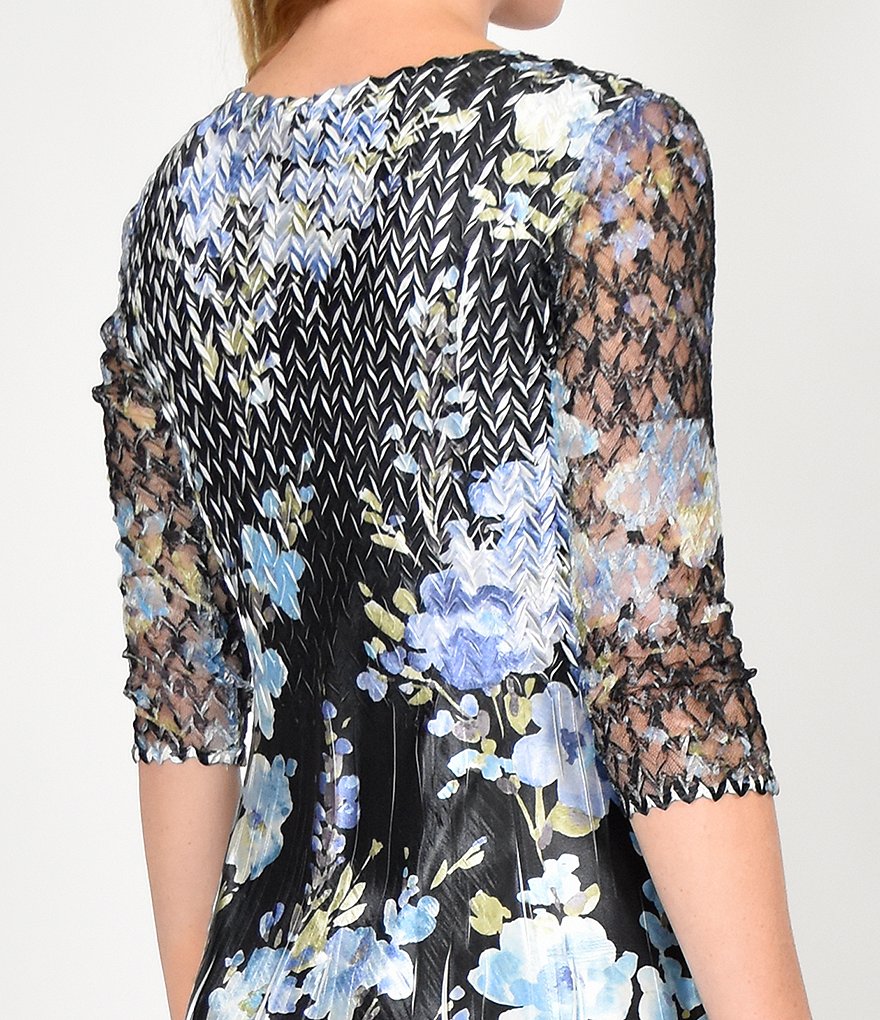 Komarov V-Neck 3/4 Sleeve A-Line Floral Print Midi Dress