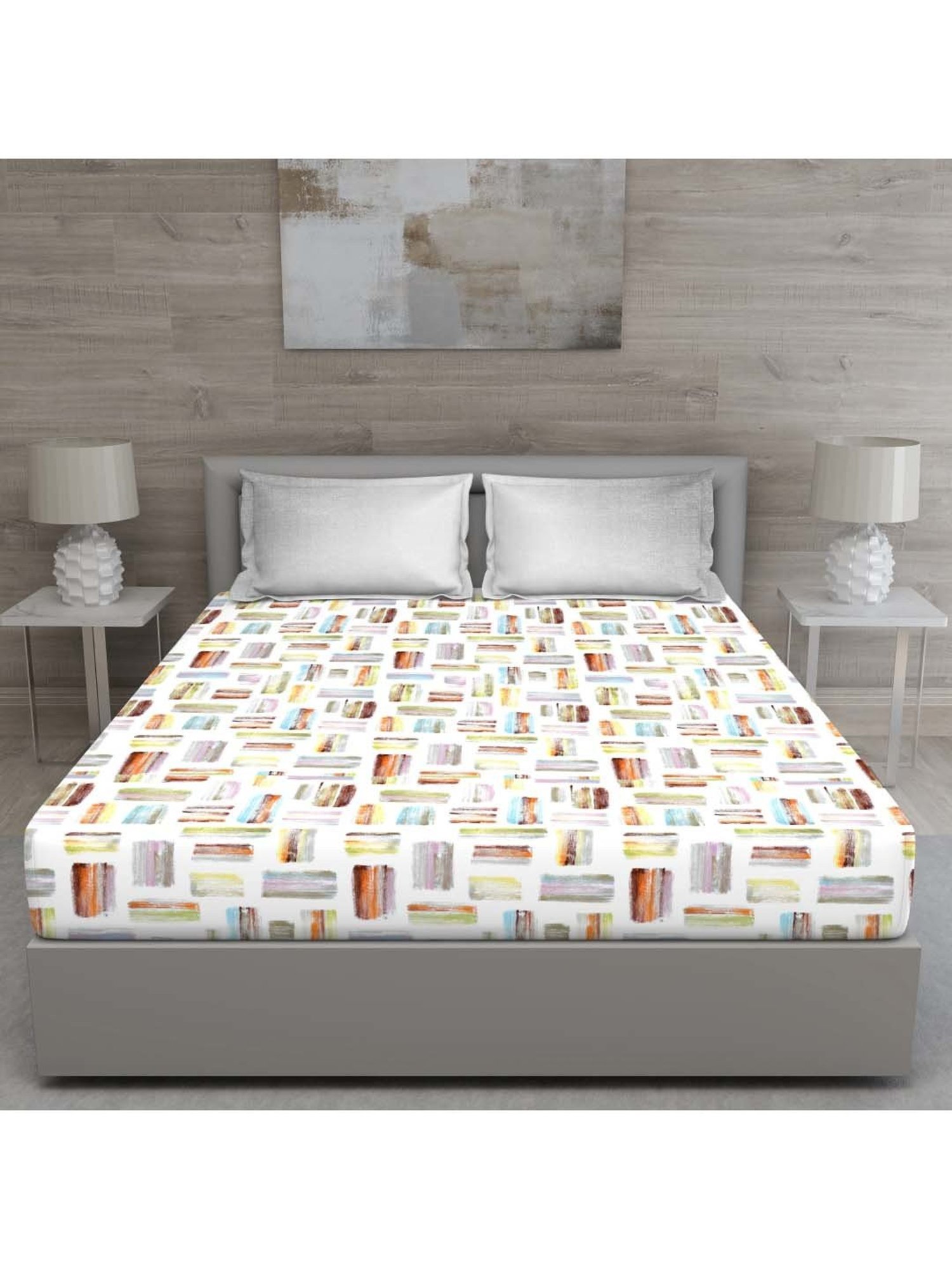 GM 'Regal' Grey & White Cotton 144 TC Double Bedsheet with 2 Pillow Covers