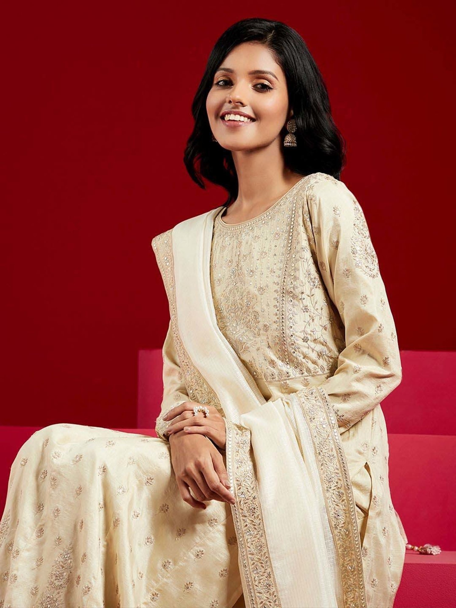 Libas Art Beige Embroidered Kurta Pant Set With Dupatta