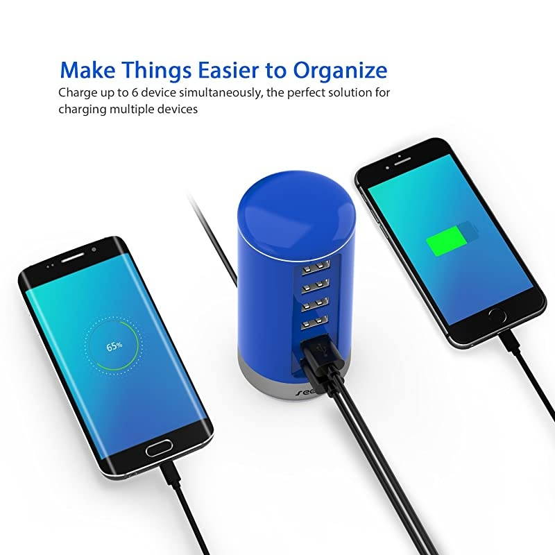 6 Port USB Charging Station  USB Desktop Charger with Smart Identification Blue