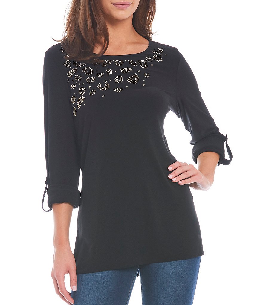 Slim Factor by Investments Embellished Animal Placement Detail 3/4 Roll-Tab Sleeve T-Shirt