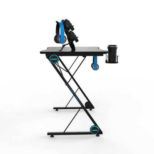 HOMEMAXS 43'' Z-Shaped Gaming Desk E-Sport Gamer Workstation Ergonomic PC Gaming Table with LED Lights,Large Carbon Fiber Surface,Game Handles Holder,Cup Holder,Headphone Hook and Cable Management