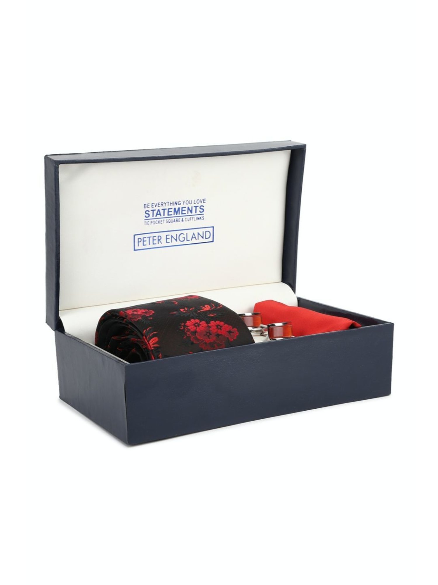 Peter England Black Floral Print Tie Pocket Square and Cufflink - Pack of 4