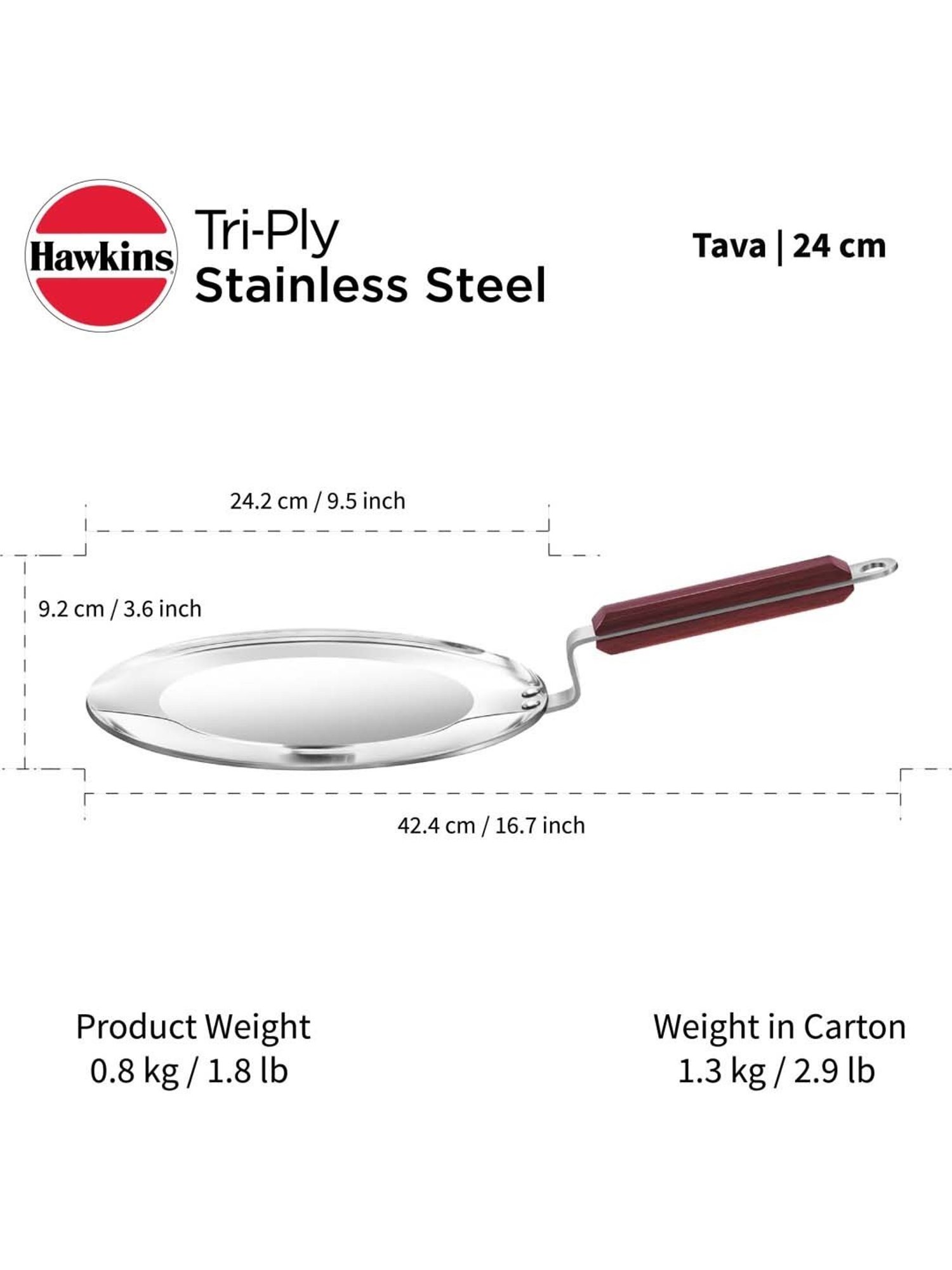 Hawkins Silver Stainless Steel 24 cm Gas Compatible Tava With Rosewood Handle - Set of 1