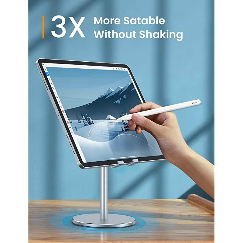Tablet Stand, Upgraded Stable iPad Stand Holder All Aluminum Alloy, Angle Height Adjustable iPad Holder for Desk Case Friendly for 4.7"-12.9" Phones/iPad/Tablets/Switchs/Kindles/E-Reader-Silver