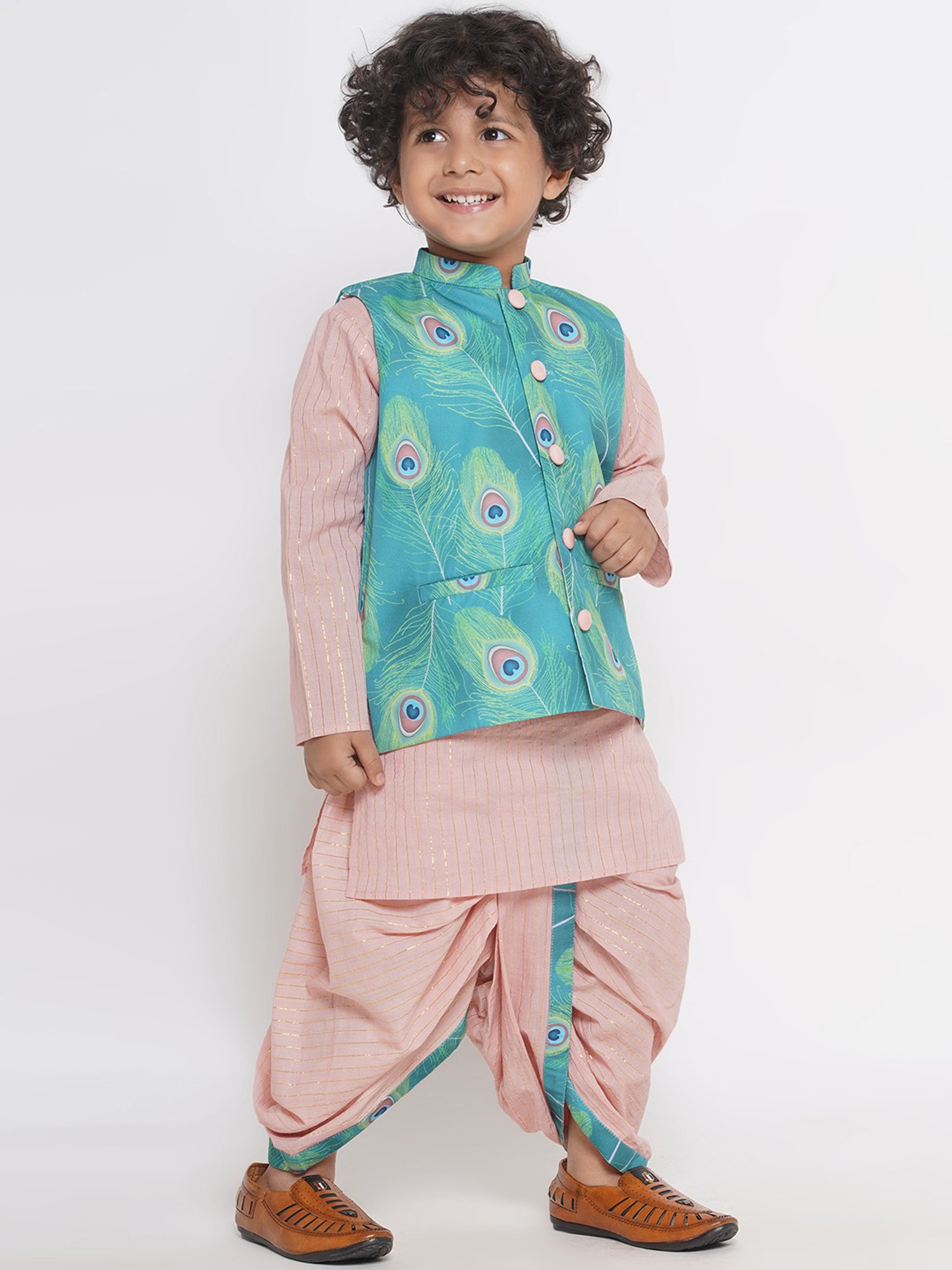 Little Bansi Kids Peach & Green Printed Full Sleeves Kurta, Dhoti with Jacket
