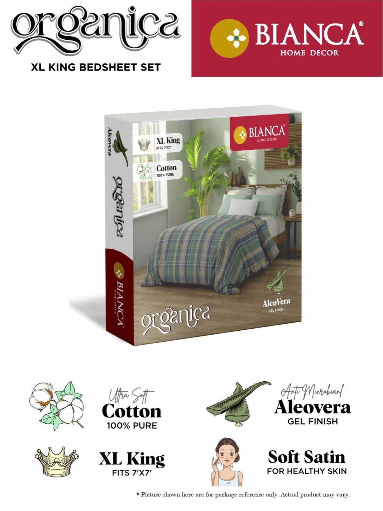 Bianca Organica White & Olive 180 TC Cotton King Bedsheet with 2 Pillow Covers