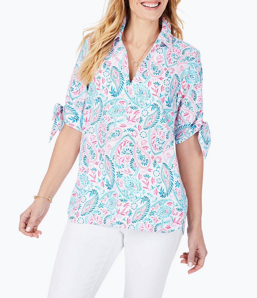 Foxcroft Painted Paisley Collar V-Neck Bow Sleeve Non-Iron Tunic