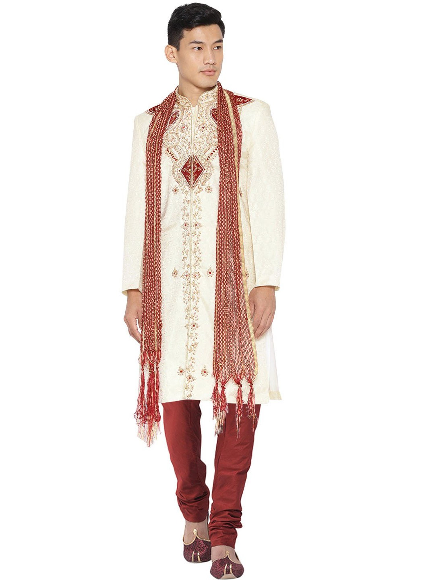 SG LEMAN Light Lemon Regular Fit Embellished Sherwani Set