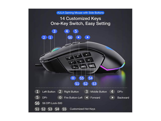 AULA H510 RGB Gaming Mouse with 9 Side Buttons High Precision 10000 DPI Optical Sensor, Fire Button Computer Mice 14-Programmable-Buttons for PC/Gamer