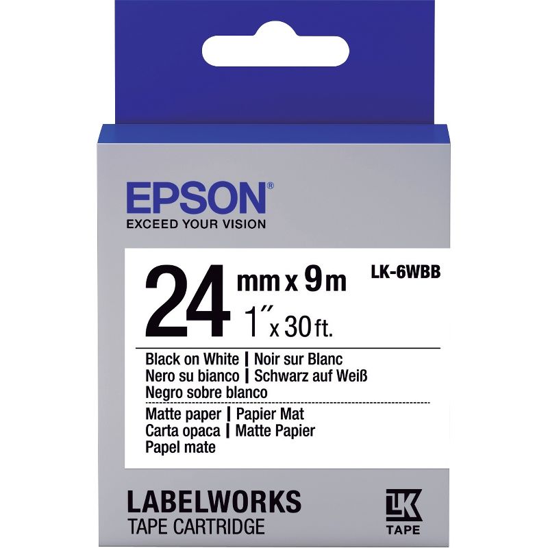 Epson LabelWorks Matte Paper LK Tape Cartridge ~1" Black on White - 1" Width x 30 ft Length - Thermal Transfer - White