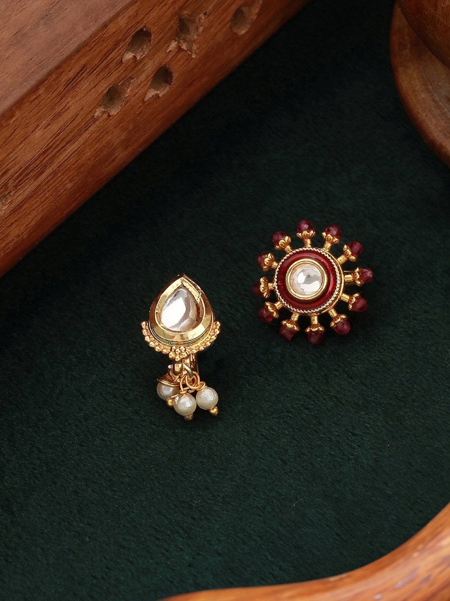 Aatmana Gold-Plated & White Kundan Studded Pear Shaped Nose Pin - Set of 2