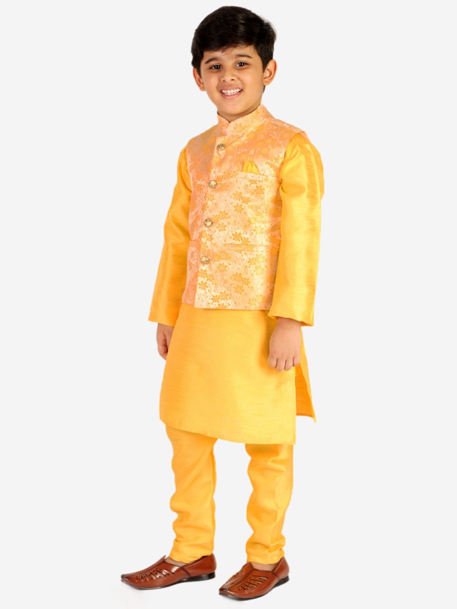 Pro-Ethic Style Developer Kids Yellow & Gold Floral Print Full Sleeves Kurta, Pyjamas with Waistcoat
