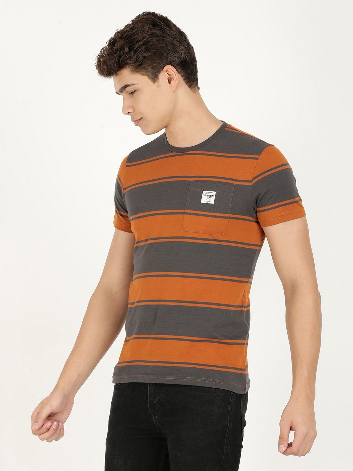 Wrangler Grey Cotton Regular Fit Striped T-Shirt