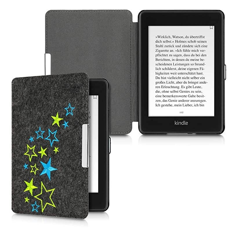Case Compatible with  Kindle Paperwhite (10. Gen - 2018) - Book Style Felt Fabric Protective e-Reader Cover Folio Case - Star Mix Light Green/Blue/Dark Grey
