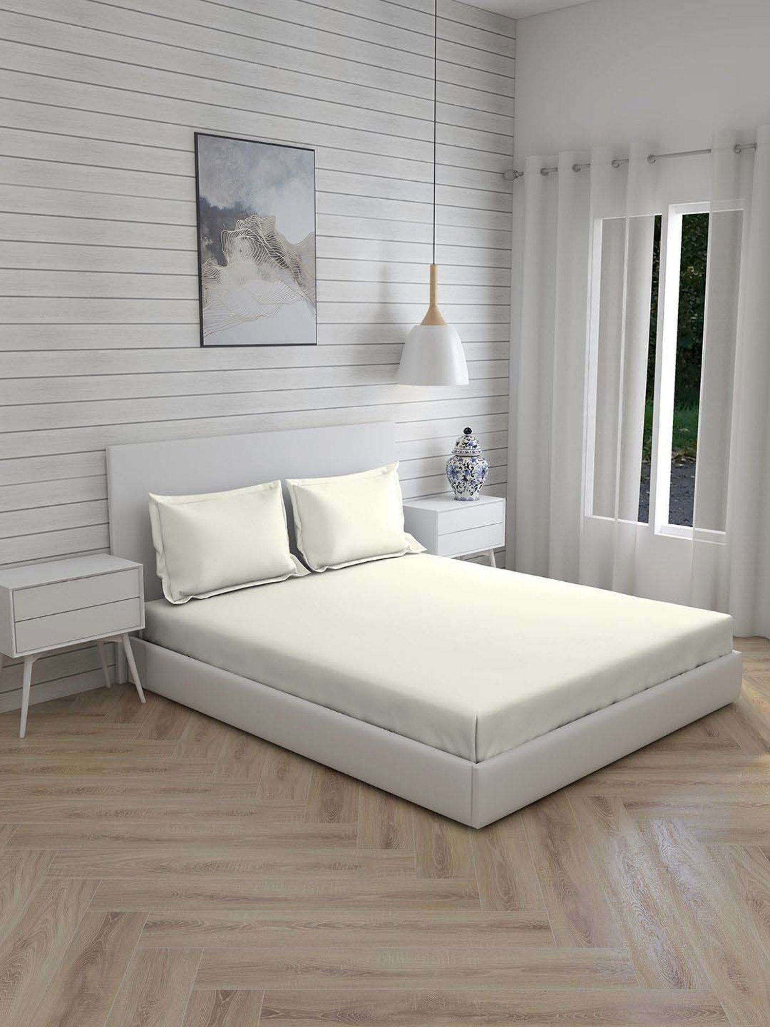 Boutique Living Kalpavriksha White Bamboo Cotton 300 TC King Size Bed Sheet with Pillow Cover