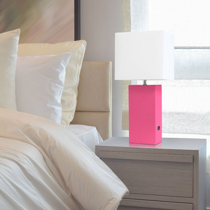 Modern Leather Table Lamp with USB and Fabric Shade Hot Pink - Elegant Designs