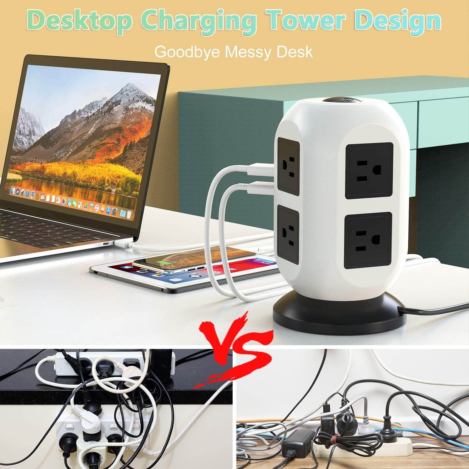 Power Strip Tower Surge Protector - 5M/16.4FT Surge Protector Power Strip with USB, Power Strip with Surge Protection with 8 AC Outlets & 4 USB Ports, Overload Protection, Short Circuit Protection.