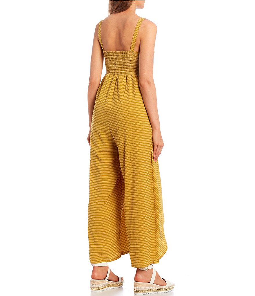 Angie Striped Strapless Smocked Bodice Ruffled Hem Jumpsuit