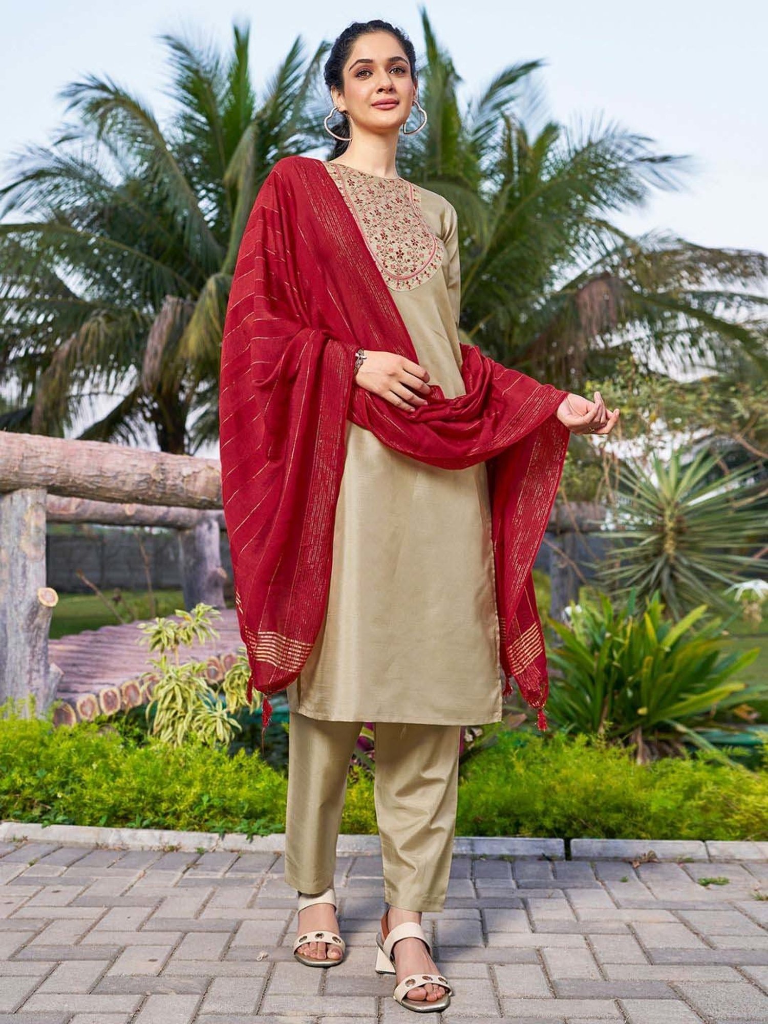 Skylee Beige Embroidered Kurta Pant Set With Dupatta
