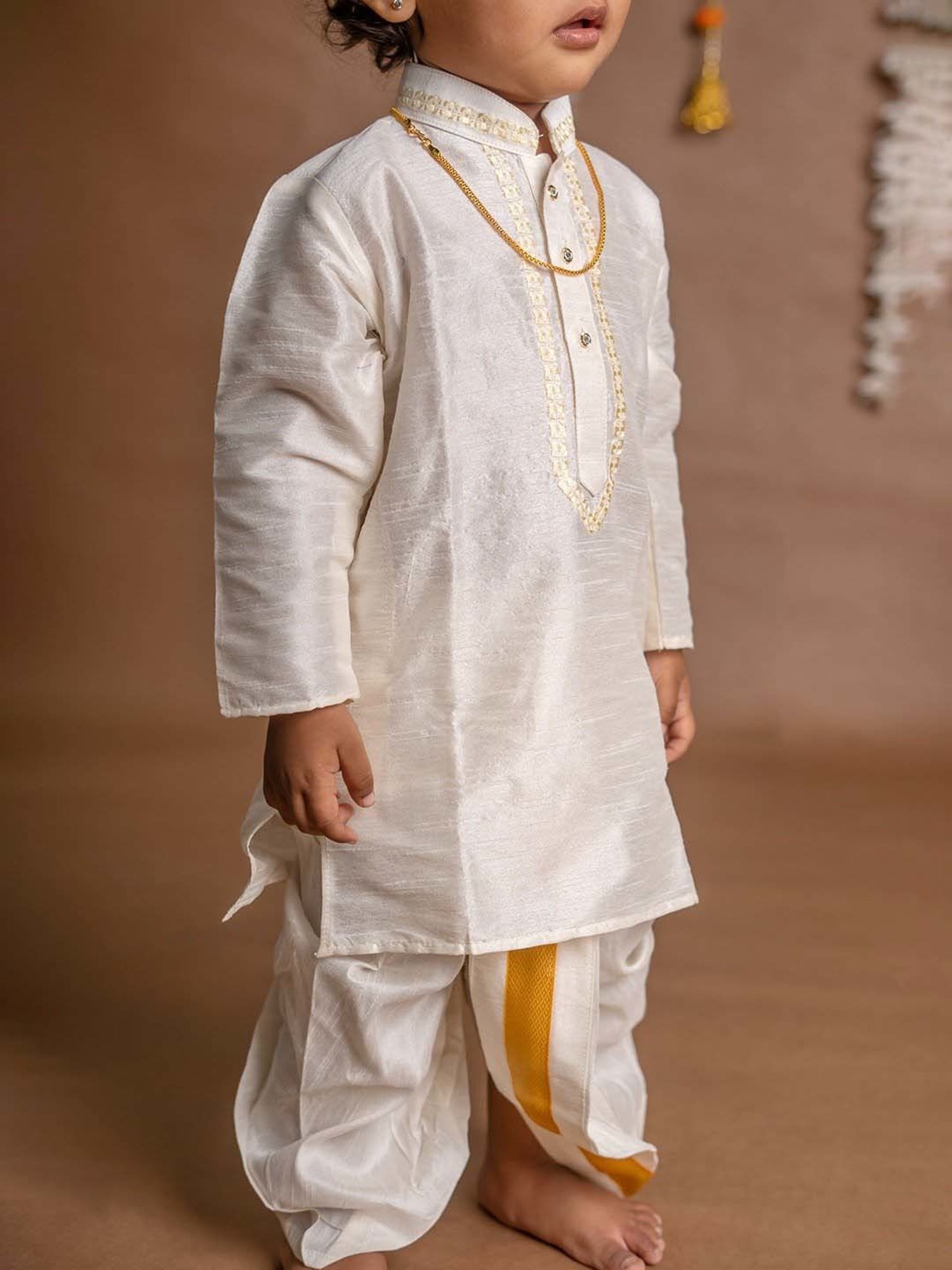 Baby Moo Kids Cream & Yellow Regular Fit Full Sleeves Kurta Set