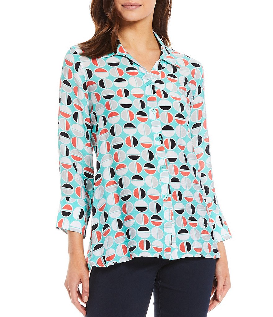 Multiples Circle Print Crinkle Woven Long Sleeve Button Down Hi-Low Shirt