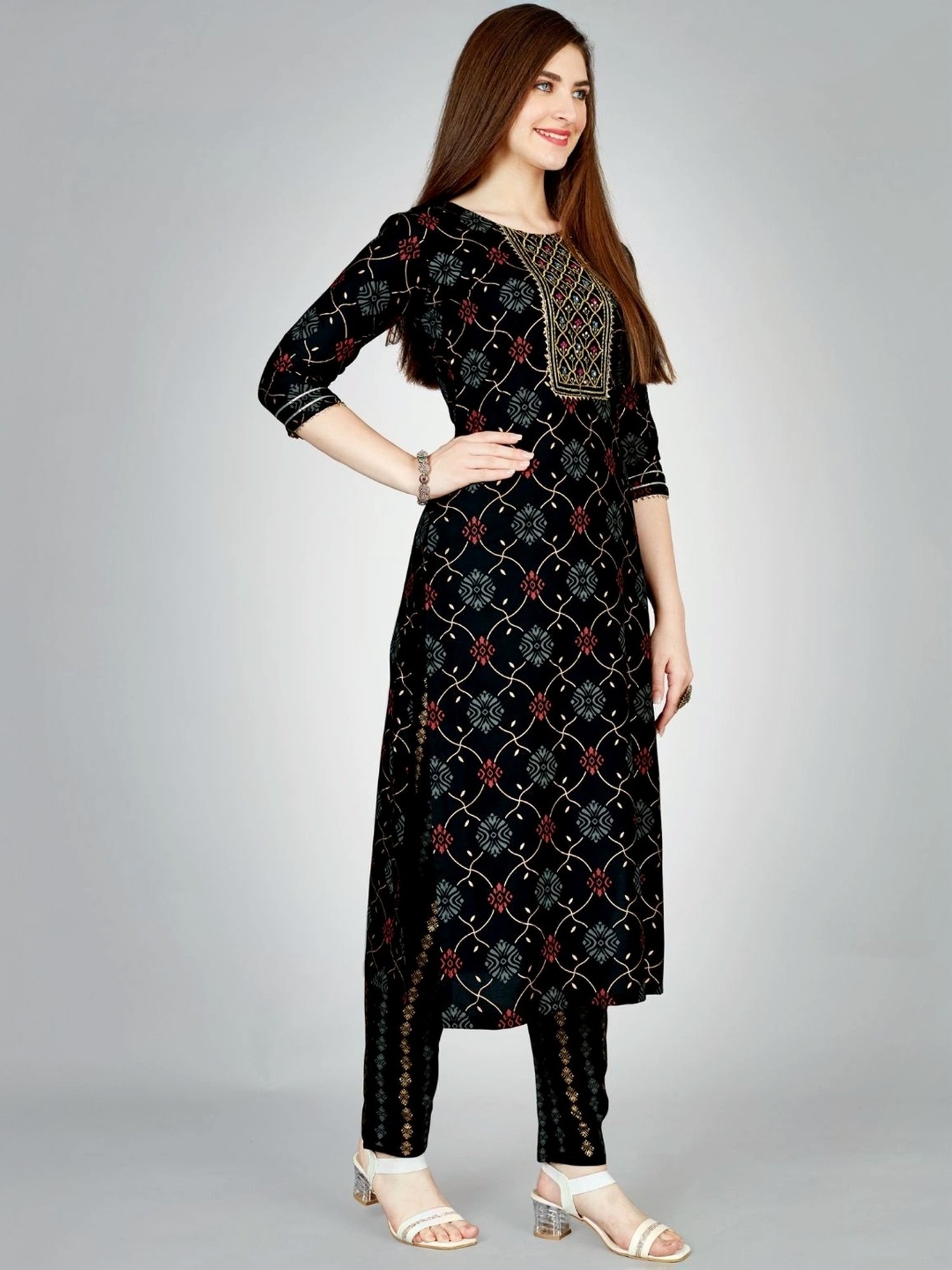 Odette Black Printed Kurta Pant Set