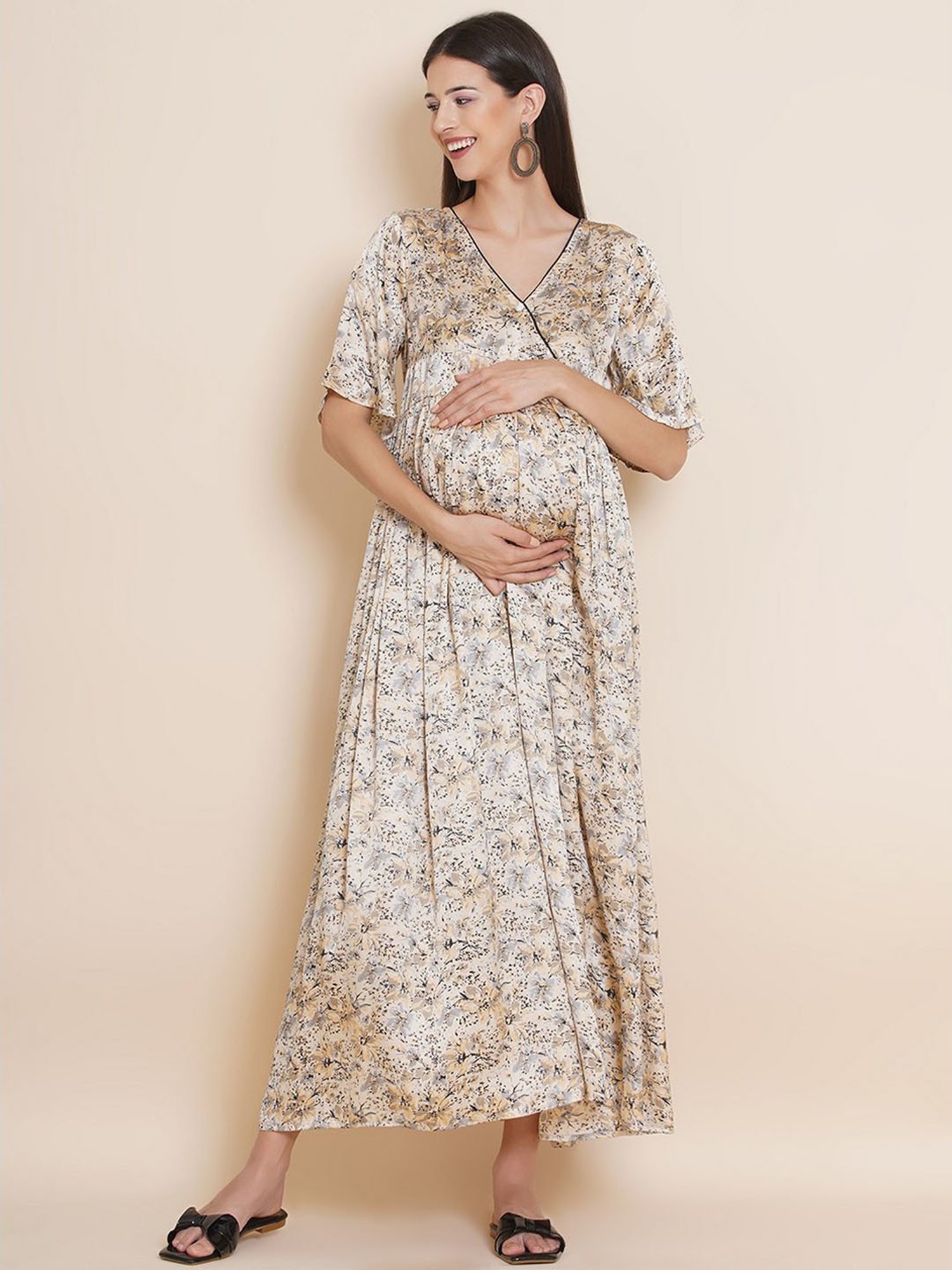 Mine4Nine Beige Floral Print Maternity Dress