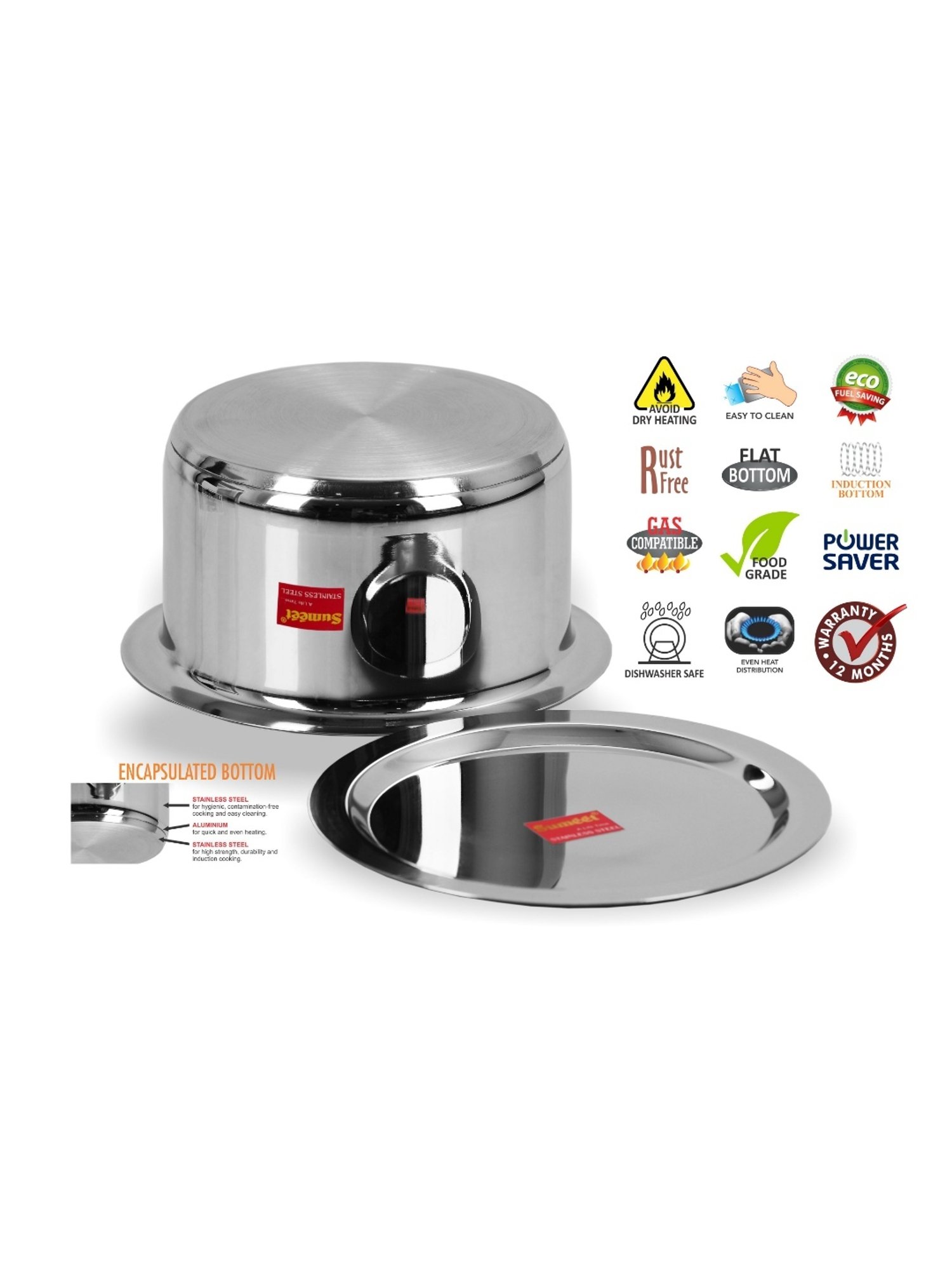 Sumeet Stainless Steel Induction Bottom  Container / Tope / Cookware With Lid  Size No.13 (2.3 Ltr)