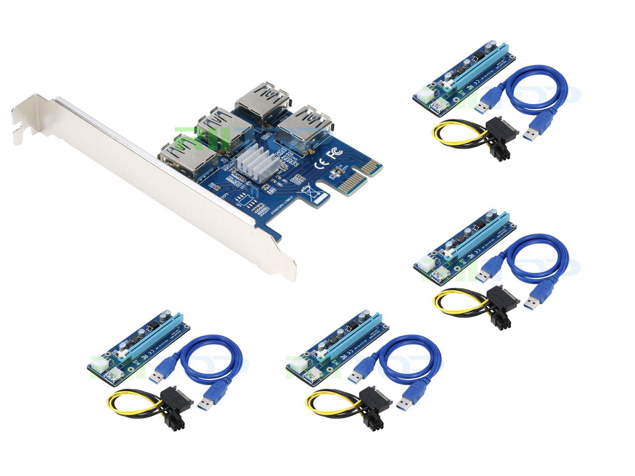 RIITOP 4 in 1 PCI-E Riser Card Adapter Board + 6 PIN 16x to 1x Powered Riser Adapter Card  GPU Riser Adapter - Ethereum Mining ETH - w/ 60cm USB 3.0 Extension Cable & 6-Pin PCI-E to SATA Power Cable