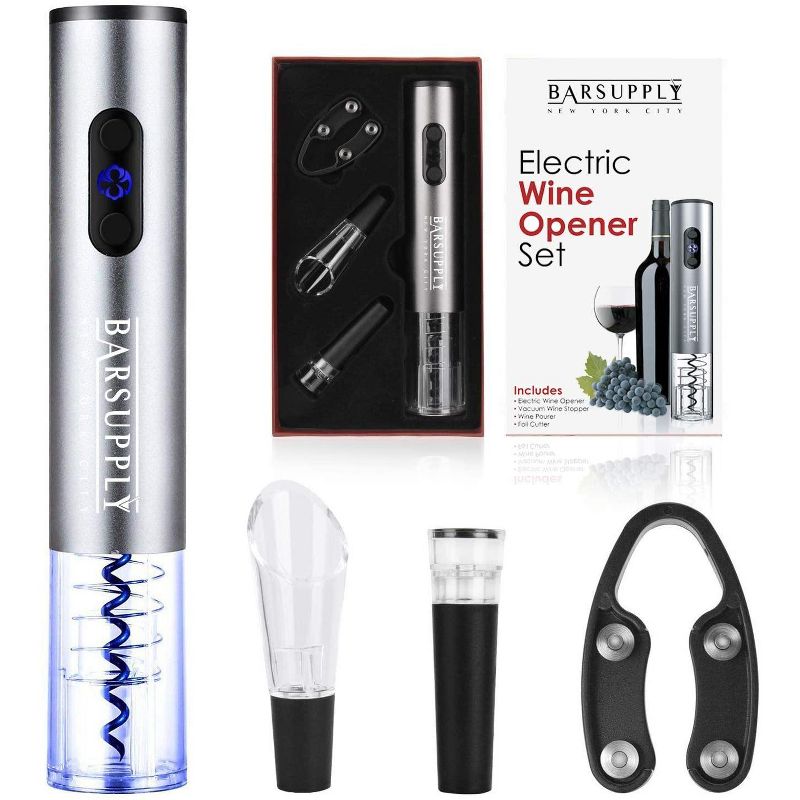 Electric Wine Bottle Opener 4 Piece Set Automatic Corkscrew Wine Opener, Includes Foil Cutter, Wine Pourer, Vacuum Pump Stopper, Battery Operated, Stainless Steel, Gift Box Set