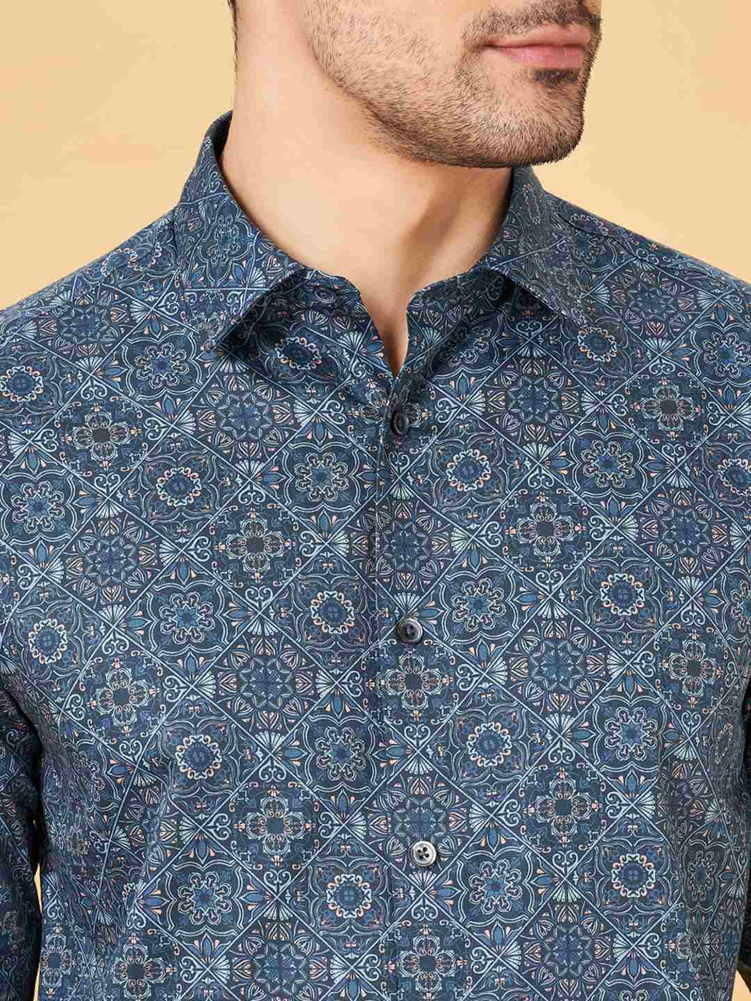Peregrine By Pantaloons Navy Slim Fit Printed Shirt