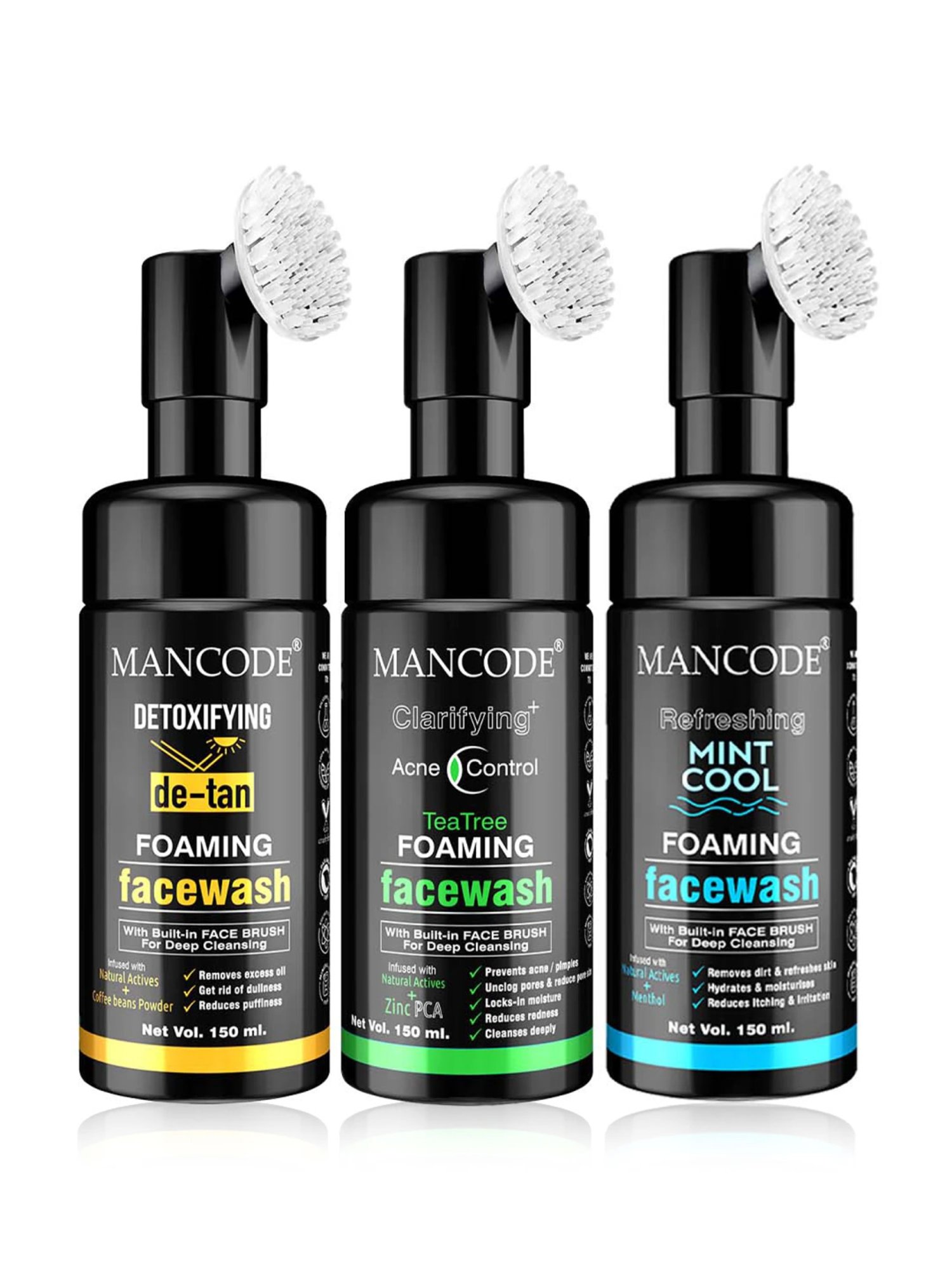 Mancode Detoxifying De Tan, Acne Control Tea Tree & Mint Cool Foaming Facewash (pack of 3)