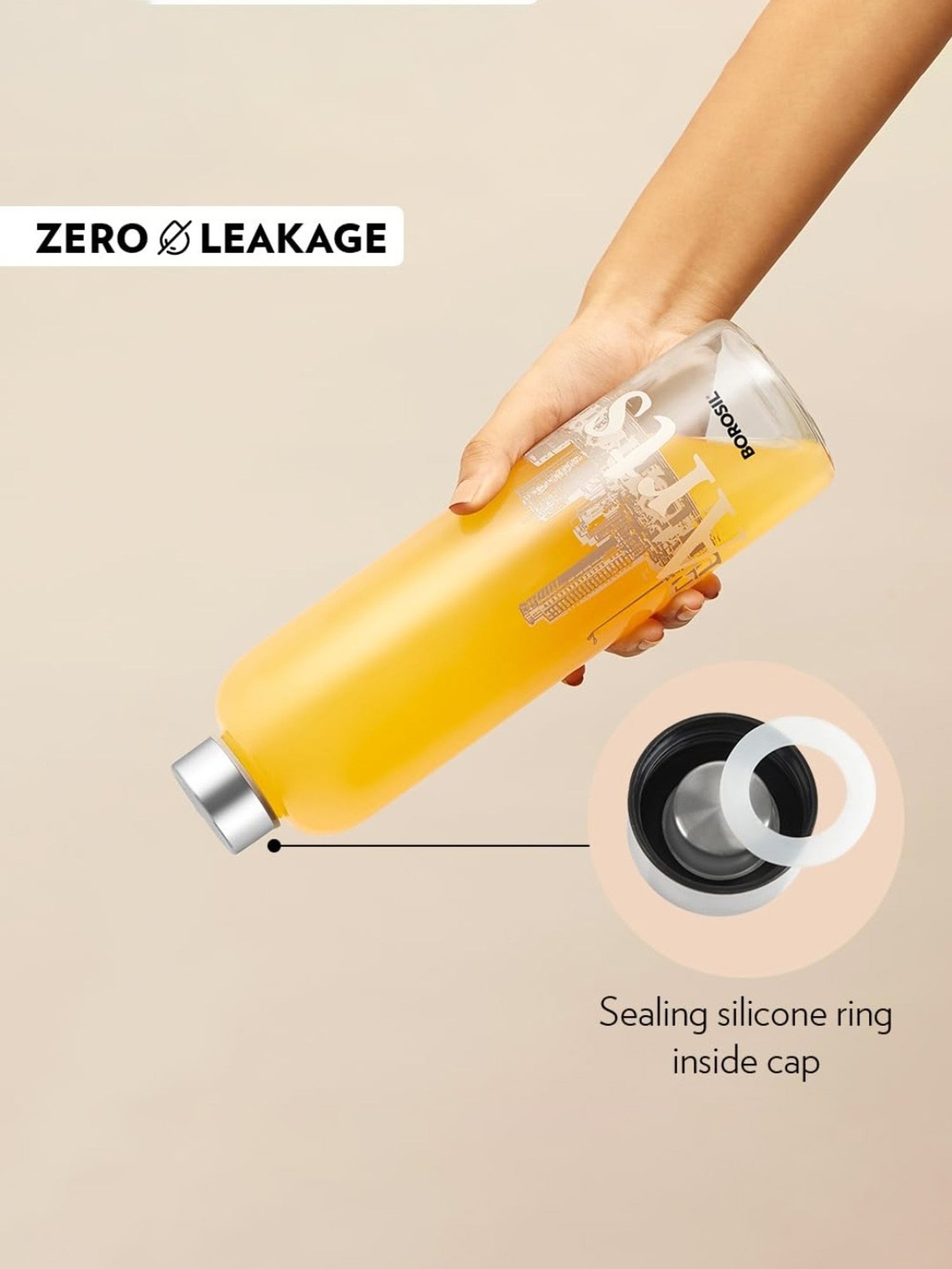 Borosil Water Bottle with Fridge Safe & Leakproof (Transparent, 1000 ml)