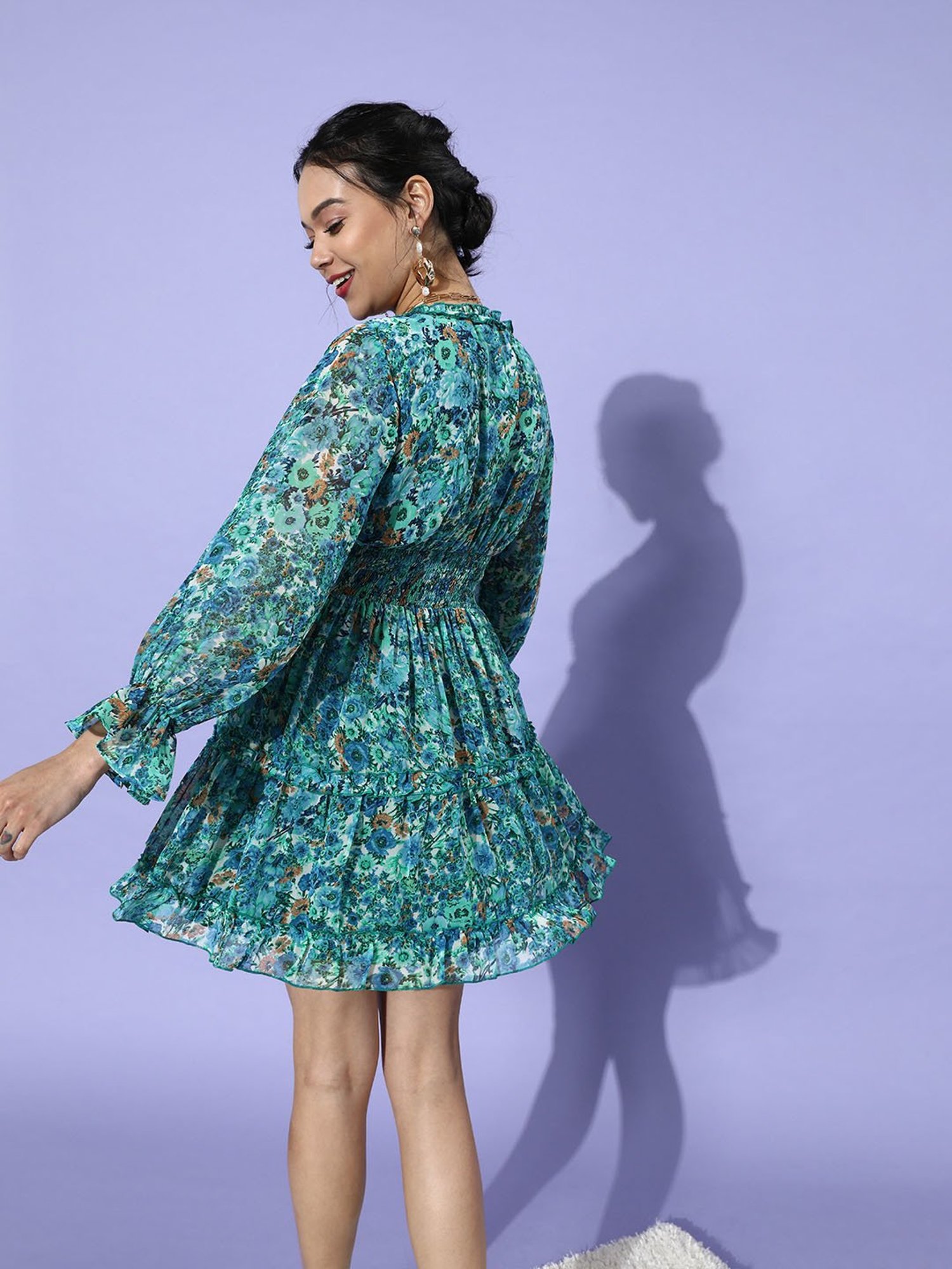 QUIERO Blue & Green Floral Print Fit & Flare Dress