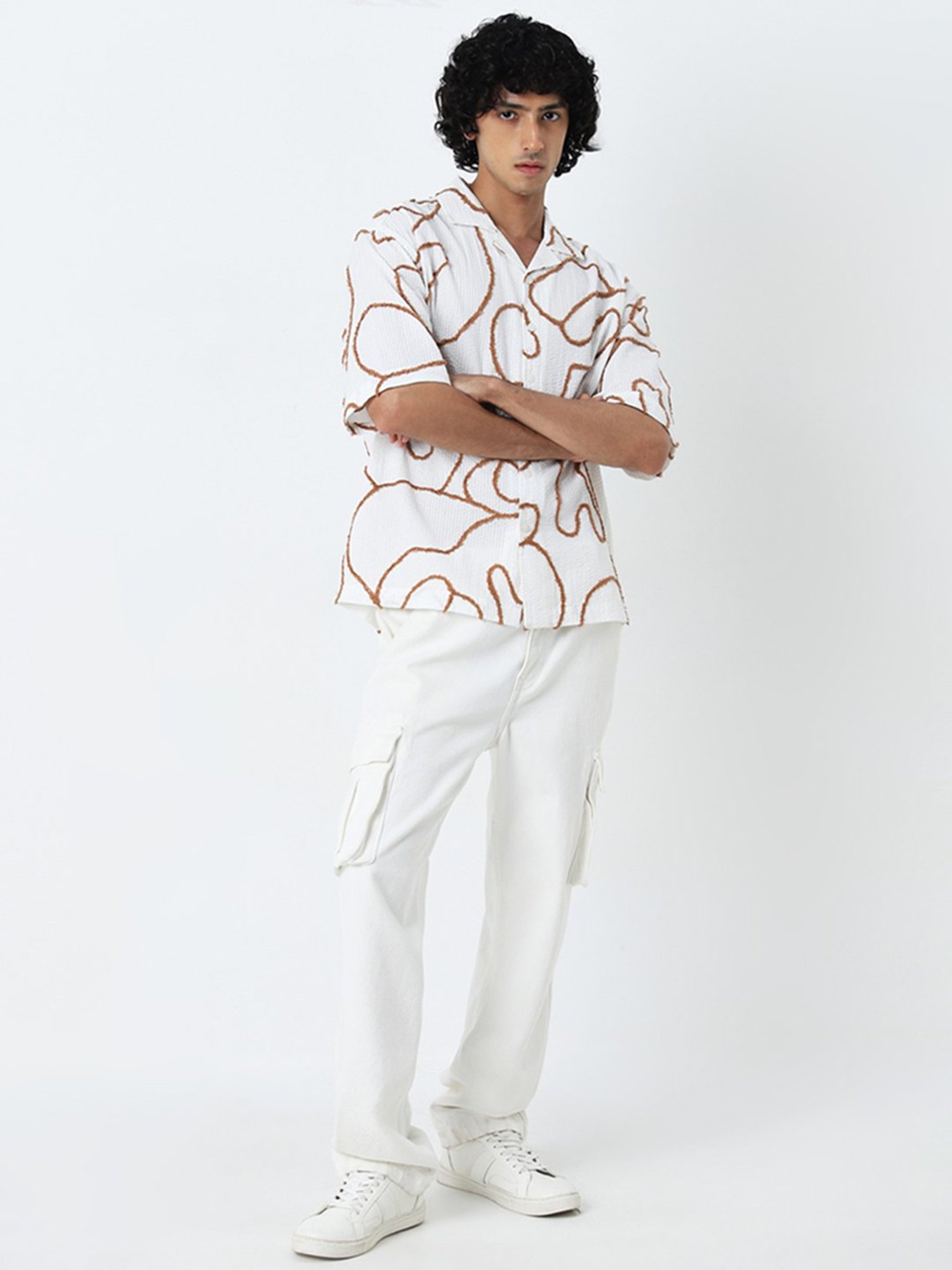 Nuon by Westside White Embroidered Seersucker Relaxed- Fit Cotton Shirt
