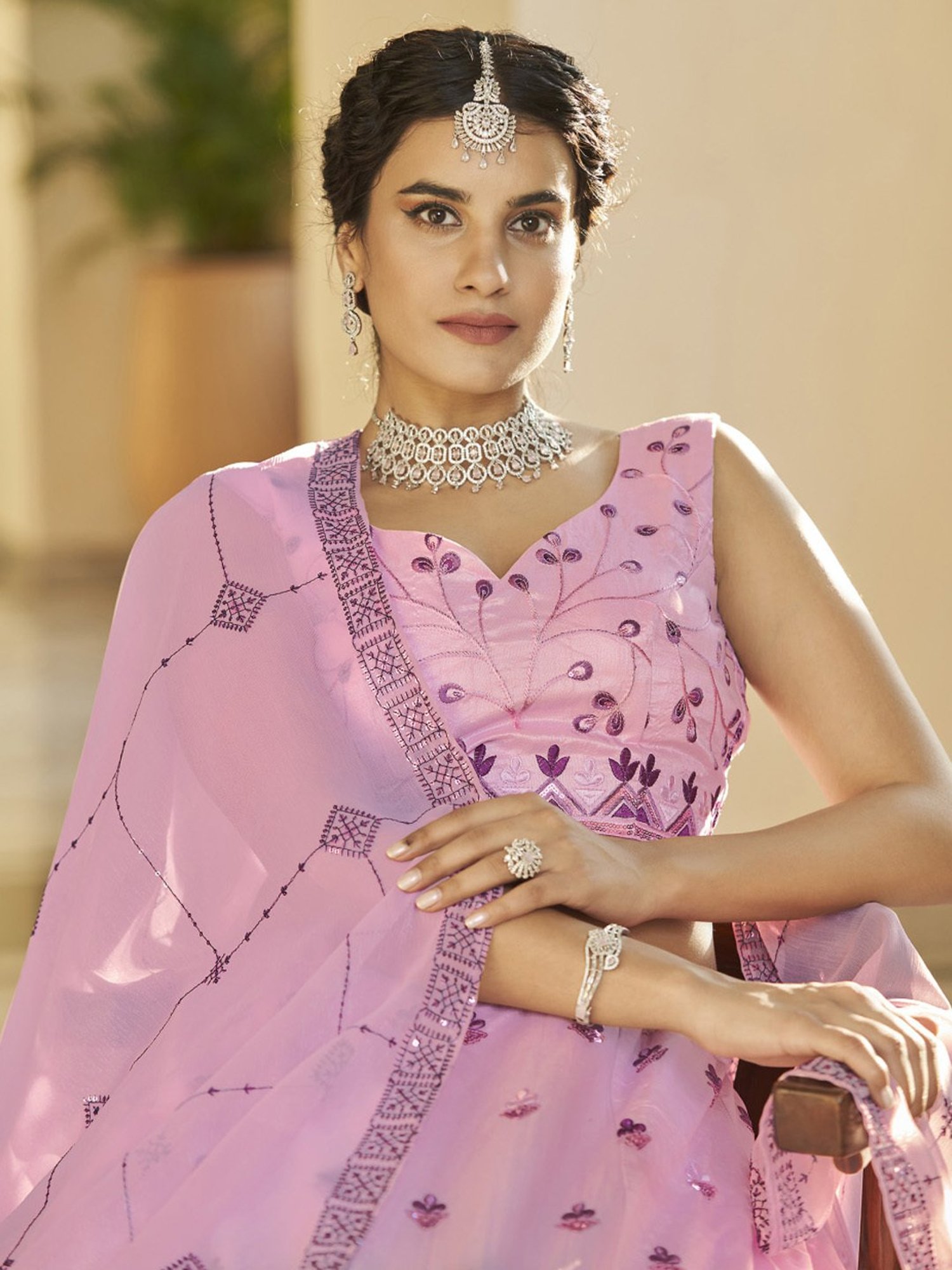 SHUBHKALA Pink & Purple Silk Embroidered Lehenga and Choli Set With Dupatta